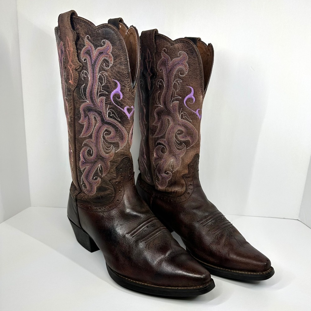 Justin Womens 8B Cowboy Boots Brown Leather Purple Embroidered Western - Picture 9 of 12